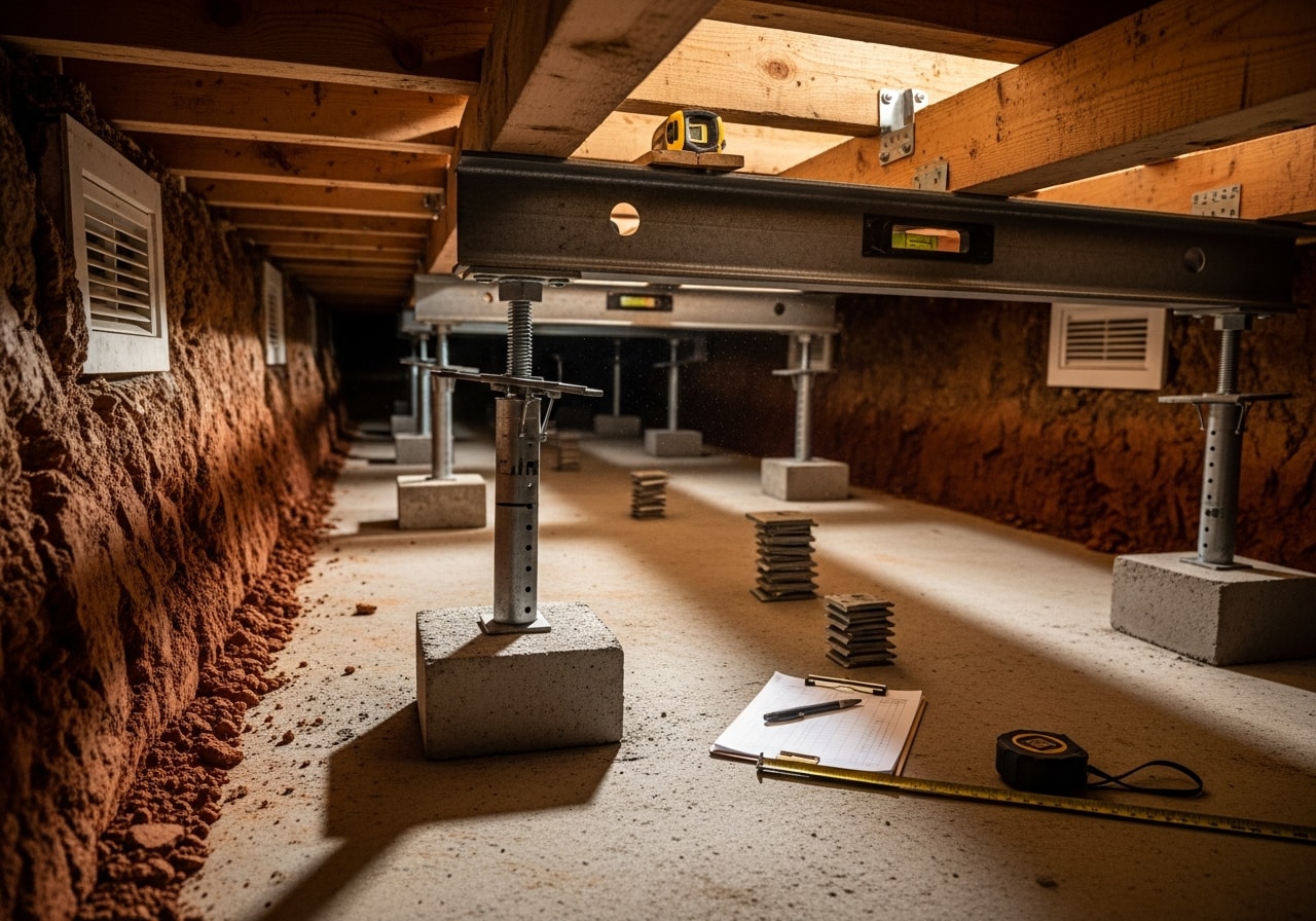 Concrete foundation piers installed under home beam in Rome