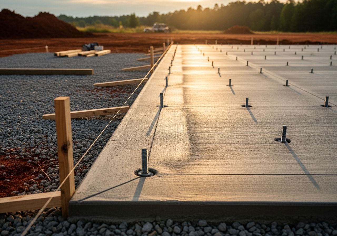 Concrete pad foundation with anchor bolts for metal building in Rockmart