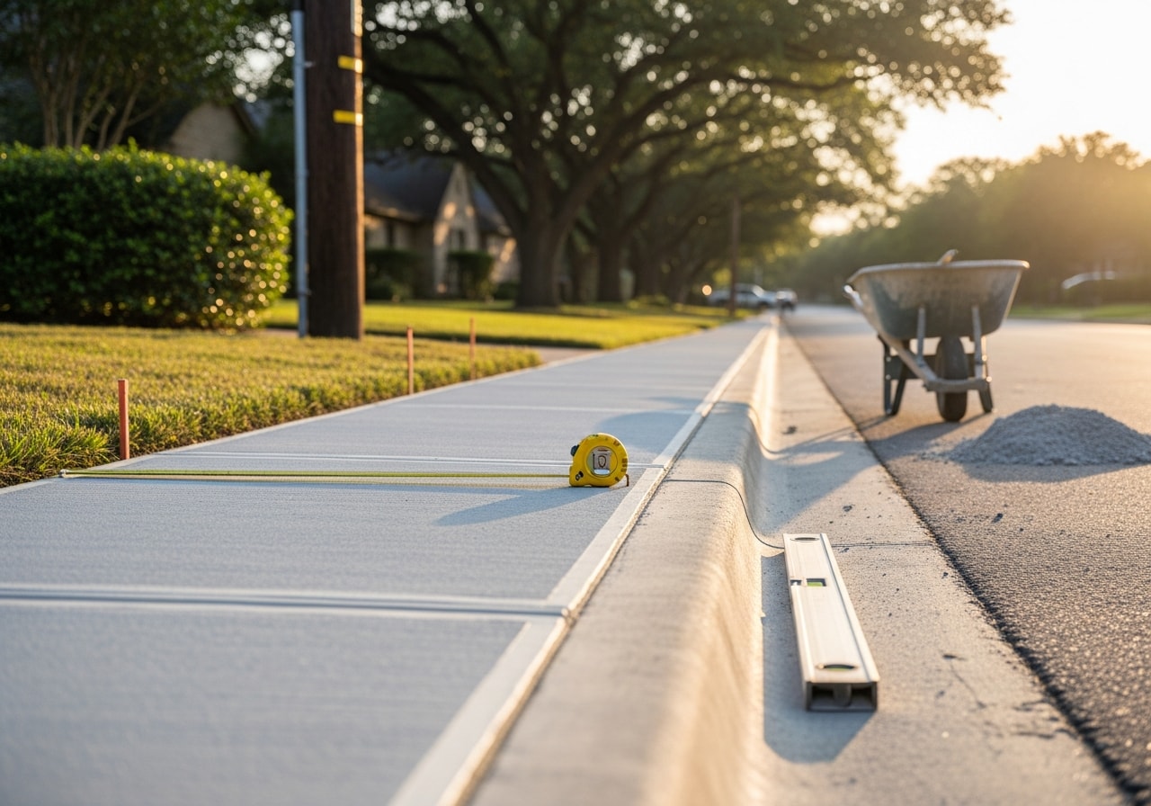 Concrete sidewalk and curb installation on residential street in Dallas