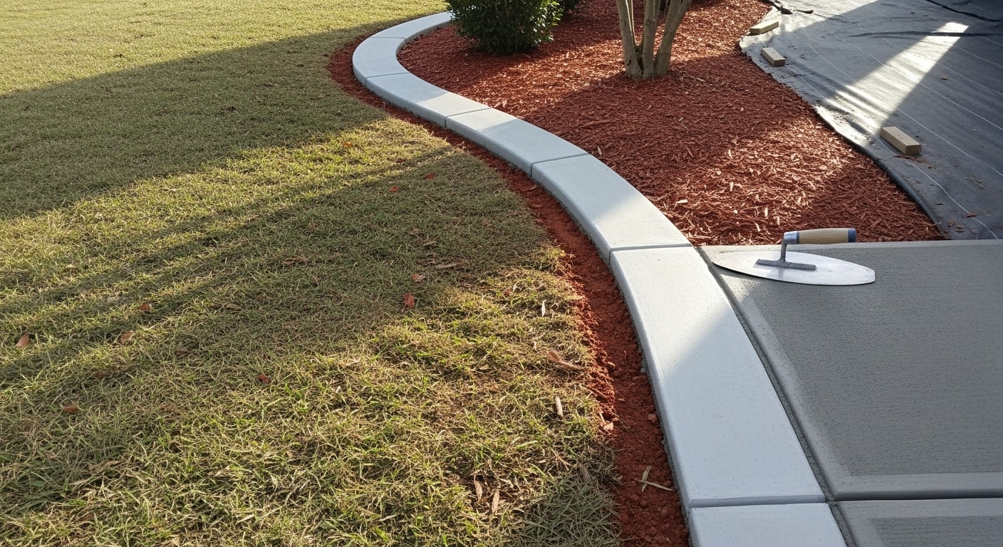Freshly installed concrete landscape curbing forming a smooth, continuous border around a mulched flower bed at a residential property in Cedartown, Georgia. The curved concrete edge separates a green lawn from a defined planting area alongside a home's front yard.