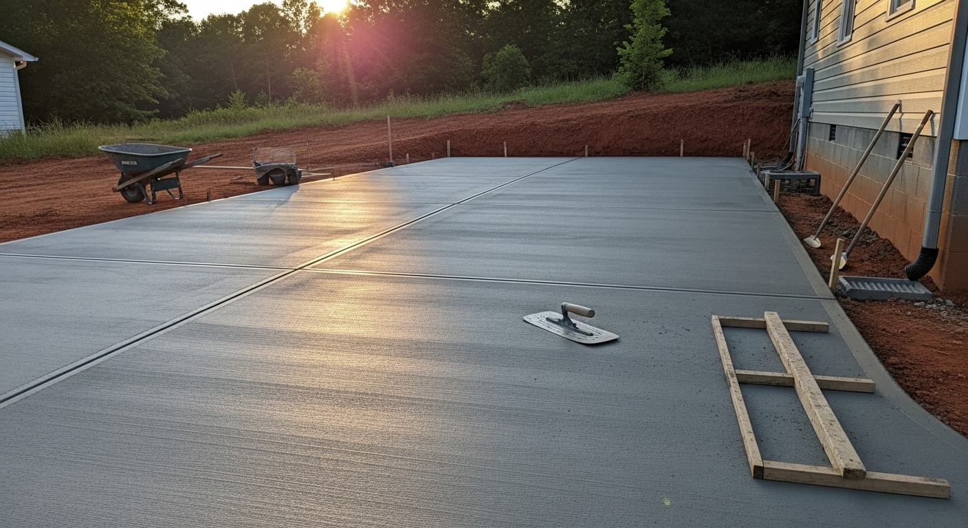 A freshly poured concrete driveway in front of a single-family home in Cedartown, Georgia, with a smooth broom finish and clean formed edges. The surface slopes slightly toward the street to direct rainwater away from the garage.