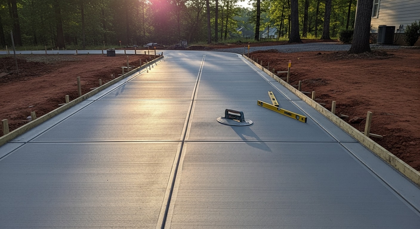 Freshly poured and broom-finished concrete driveway slab at a residential property in Cedartown, Georgia. The surface shows clean control joints and a smooth edge form along the property line.