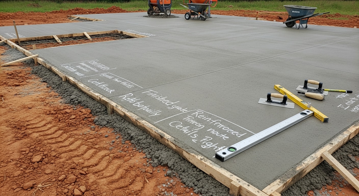 A freshly poured and finished reinforced concrete slab foundation at a residential construction site in Cedartown, Georgia. The formed edges and smooth surface are visible against the red clay soil typical of northwest Georgia.