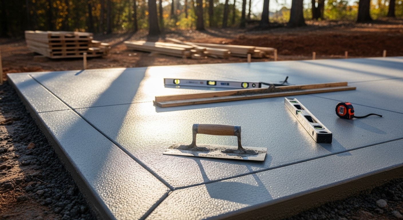 A finished concrete patio behind a single-family home in Cedartown, Georgia, with a smooth broom-finish surface and clean edges. The slab extends from the rear of the house into a backyard with mature trees typical of Cedartown residential properties.