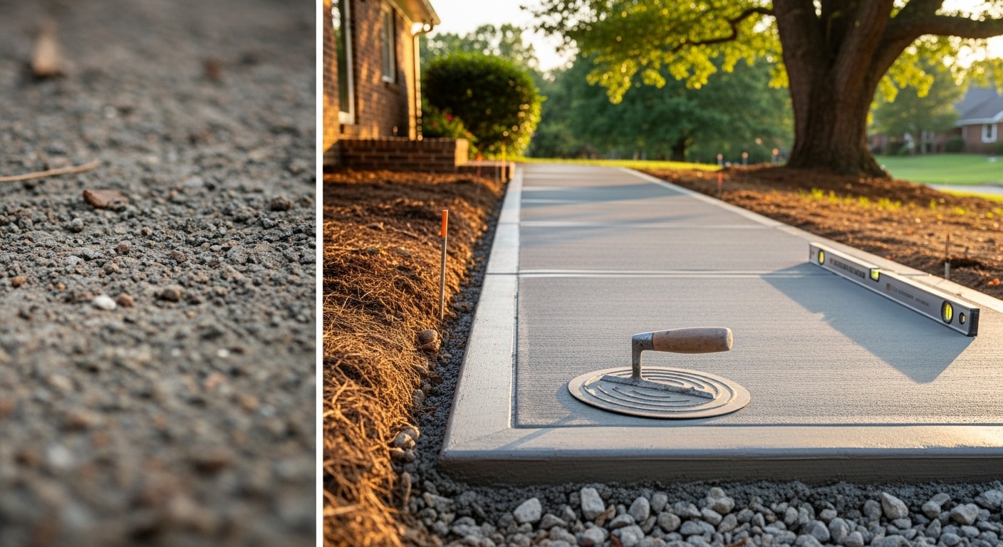 Freshly poured concrete sidewalk leading from the street to the front entrance of a single-family home in Cedartown, Georgia. The smooth, level slab runs alongside a grass lawn with a clean broom finish visible on the surface.