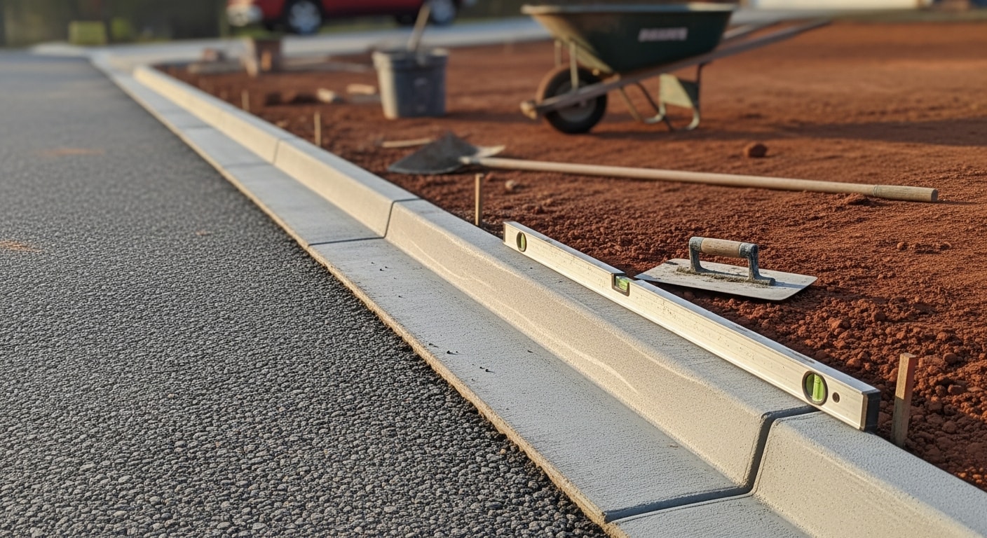 Freshly poured concrete curb and gutter running along the edge of a residential driveway in Cedartown, Georgia. The smooth concrete channel directs stormwater away from the pavement surface toward the street.