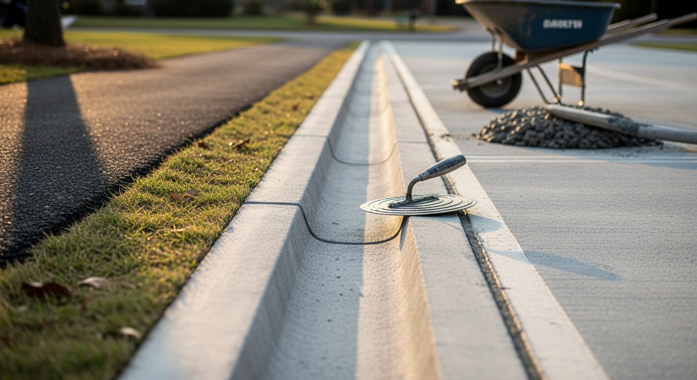 A freshly repaired concrete curb and gutter section along a residential driveway edge in Cedartown, Georgia, with clean formed edges and no visible cracking. The repaired section matches the profile of the existing curb line, with compacted soil visible at the base.
