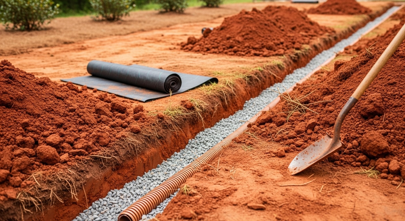 A completed French drain installation in a Cedartown, Georgia backyard, with a gravel-filled trench running along the base of a slope away from a masonry foundation. The surrounding red clay soil is graded to direct surface runoff toward the drain channel.