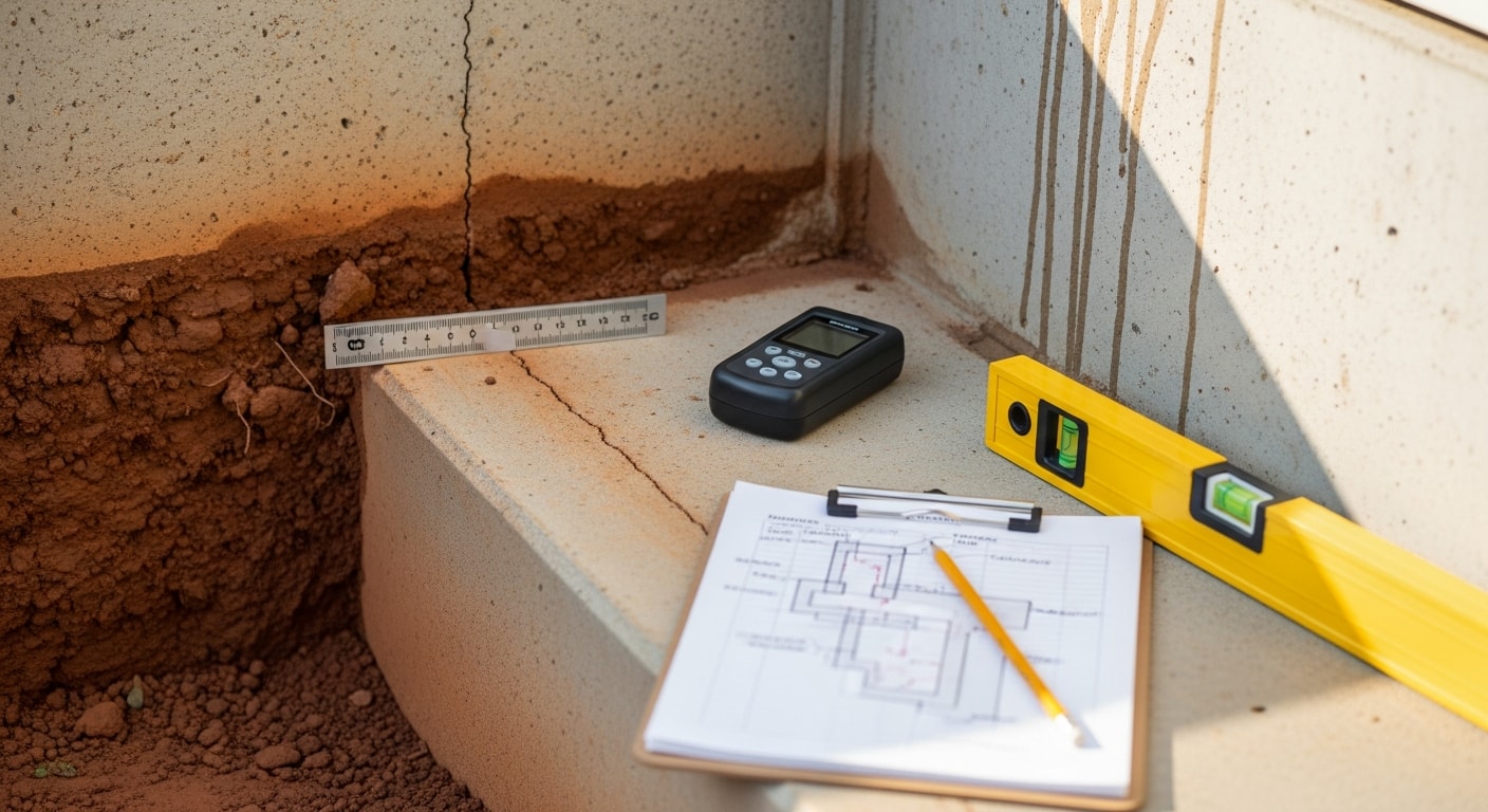 A Chubb Construction foundation contractor inspecting the exterior foundation wall of a residential home in Cedartown, Georgia, checking for cracks and signs of soil settlement. Close-up view shows the concrete block foundation perimeter with red clay soil visible at the base.