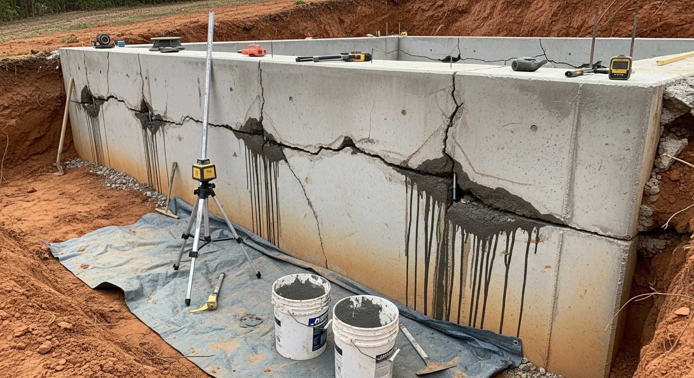 A Chubb Construction crew member inspecting a cracked and settled concrete foundation on a single-family home in Cedartown, Georgia. Visible horizontal cracks run along the exterior foundation wall with red clay soil exposed at the base.