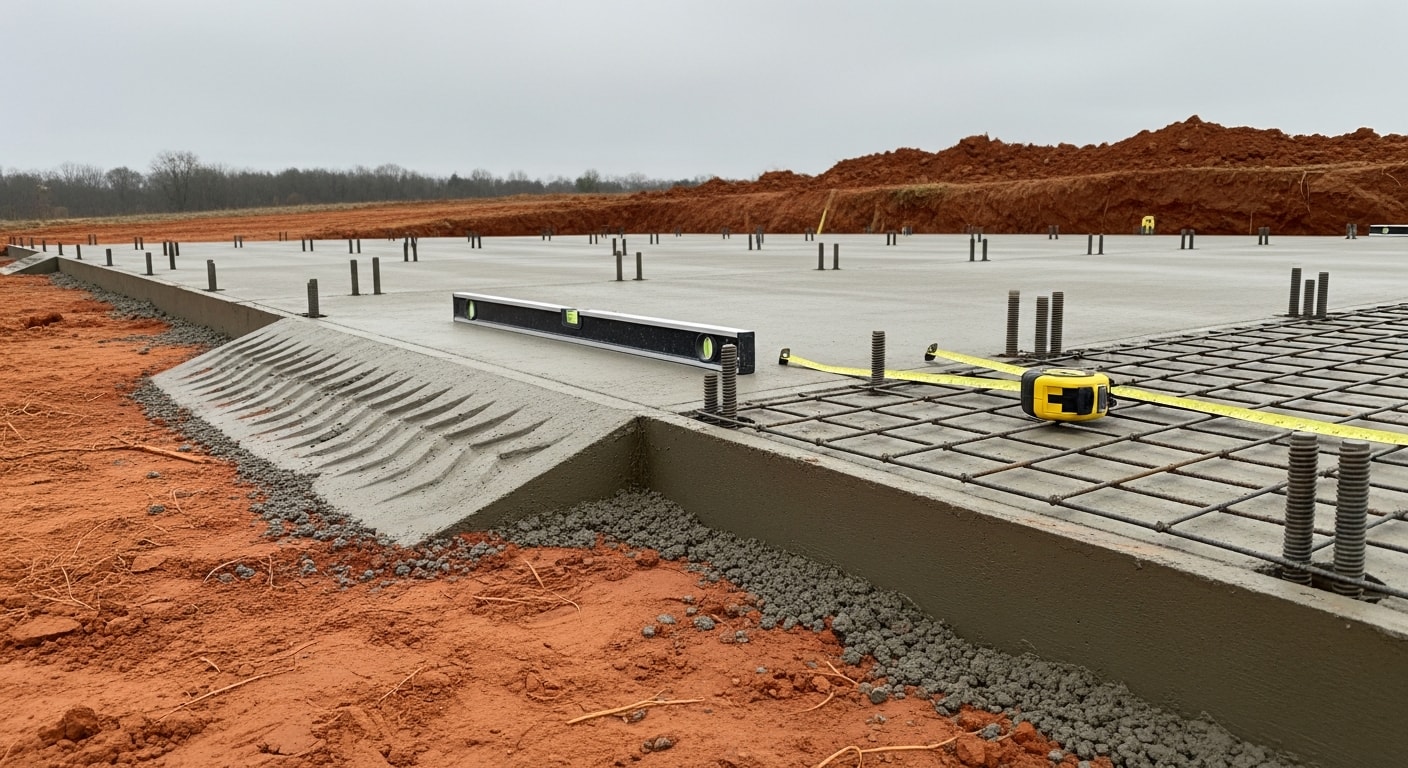 A freshly poured reinforced concrete slab with anchor bolts set along the perimeter, ready for metal building erection on a cleared Cedartown, Georgia property. The slab surface is smooth and level with visible drainage slope away from the foundation edges.