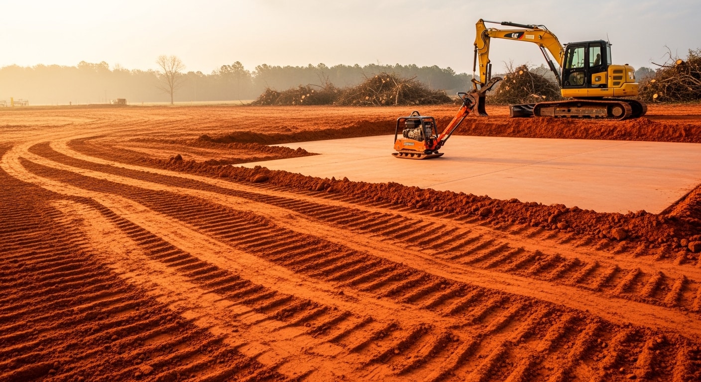 A cleared and graded building site in Cedartown, Georgia, with compacted red clay soil leveled and ready for foundation excavation. Heavy equipment tracks are visible across the prepared ground, showing the lot has been stripped of vegetation and shaped for drainage.